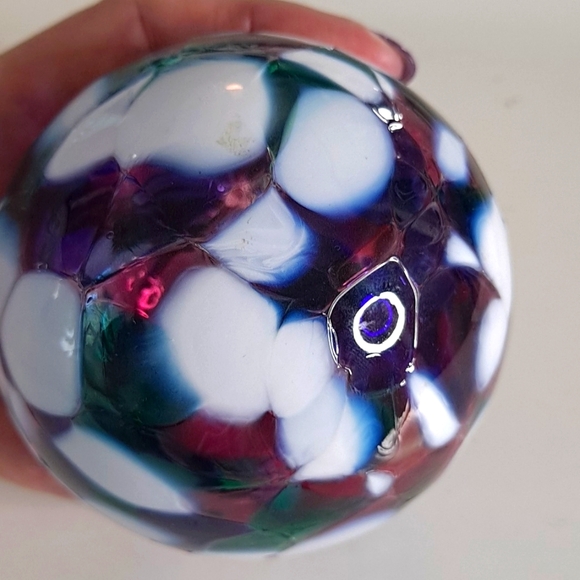 Hand Blown Maroon, White, Blue & Green Glass Friendship Ball Ornament Jewle Tone - Picture 2 of 4